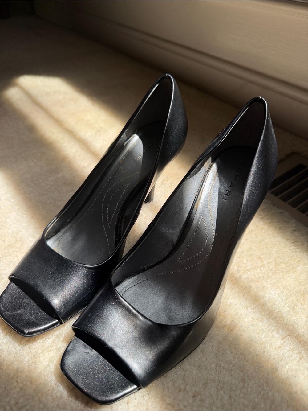 Tahari Black Satin Open-Toe Heels